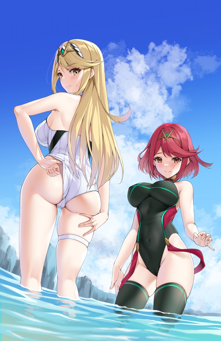 2girls adjusting_clothes adjusting_swimsuit ass bare_arms bare_shoulders black_one-piece_swimsuit black_thighhighs blonde_hair blue_sky blush breasts brown_eyes cliff closed_mouth cloud competition_swimsuit covered_navel day groin headpiece highres impossible_clothes impossible_swimsuit jewelry large_breasts long_hair looking_at_viewer looking_back matrix16 multiple_girls mythra_(radiant_beach)_(xenoblade) mythra_(xenoblade) neon_trim official_alternate_costume one-piece_swimsuit outdoors pyra_(pro_swimmer)_(xenoblade) pyra_(xenoblade) red_hair short_hair sky smile sweat swept_bangs swimsuit thigh_strap thighhighs thighs tiara very_long_hair wading water xenoblade_chronicles_(series) xenoblade_chronicles_2 yellow_eyes