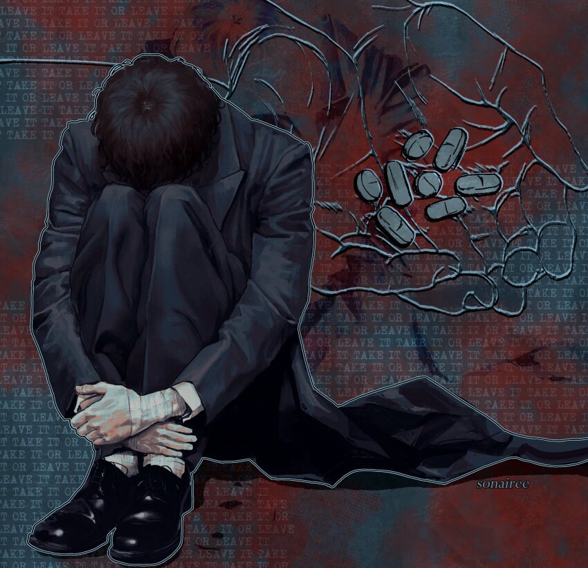 1boy bandaged_arm bandages black_coat black_pantyhose black_shoes brown_hair bungou_stray_dogs coat cupping_hands curled_up dazai_osamu_(bungou_stray_dogs) drugs formal_clothes head_down highres hugging_own_legs male_focus multiple_views on_ground own_hands_together pantyhose pill shoes sitting solo sonaireeart suit text_background
