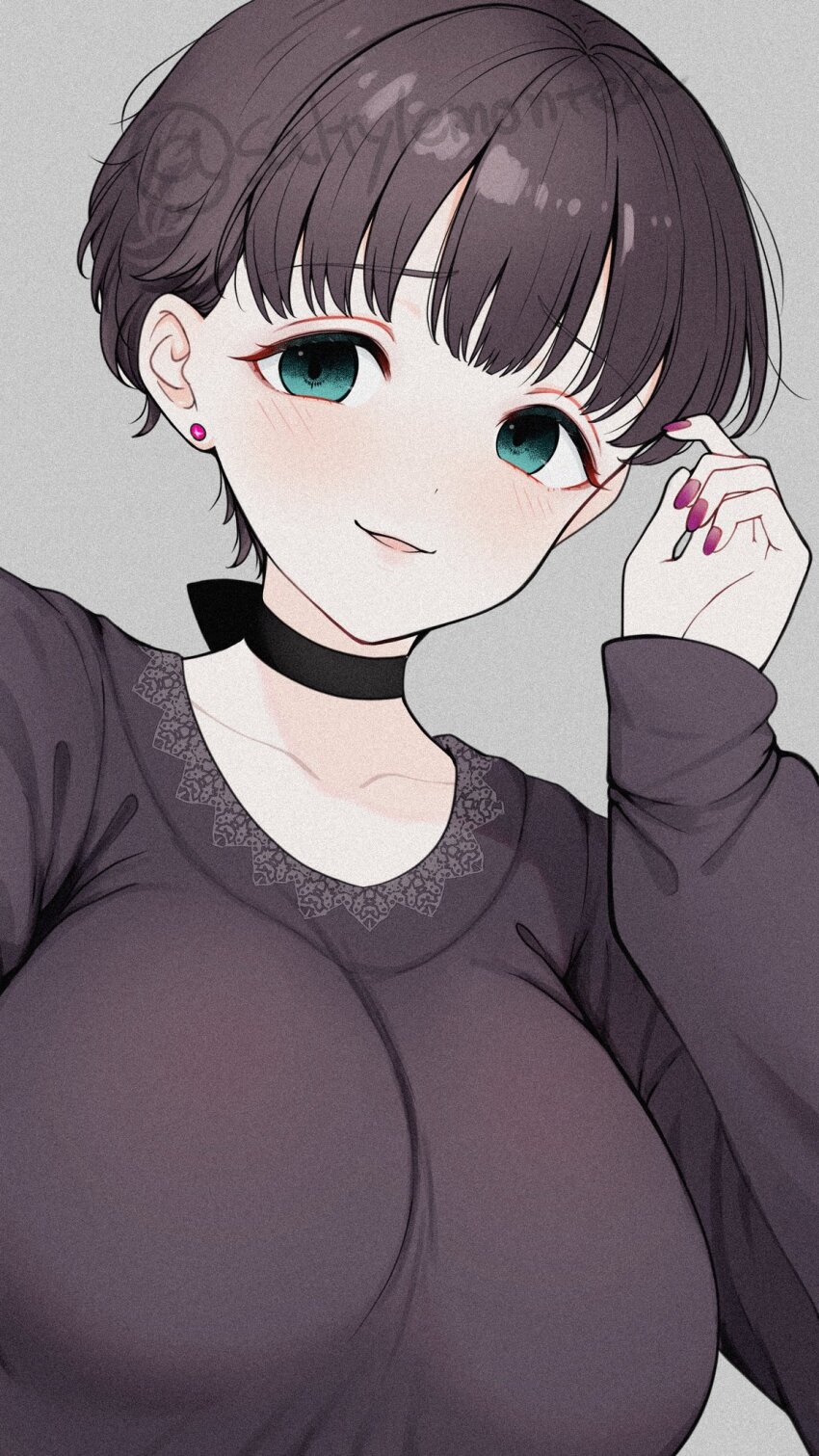 1girl aged_up alternate_hairstyle black_choker black_hair black_shirt blush breasts choker collarbone dot_nose earrings eyelashes green_eyes grey_background highres idolmaster idolmaster_cinderella_girls idolmaster_cinderella_girls_starlight_stage jewelry large_breasts long_sleeves looking_at_viewer parted_lips pink_nails sakuma_mayu saltylemontea shirt short_hair simple_background solo upper_body very_short_hair