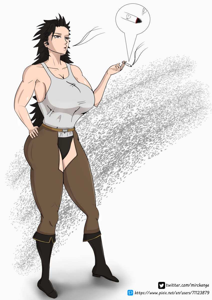 1boy absurdres ass black_clover black_hair breasts full_body gender_request genderswap highres mirchange open_mouth self-upload smoke smoking solo twitter_username undershirt watermark web_address yami_sukehiro