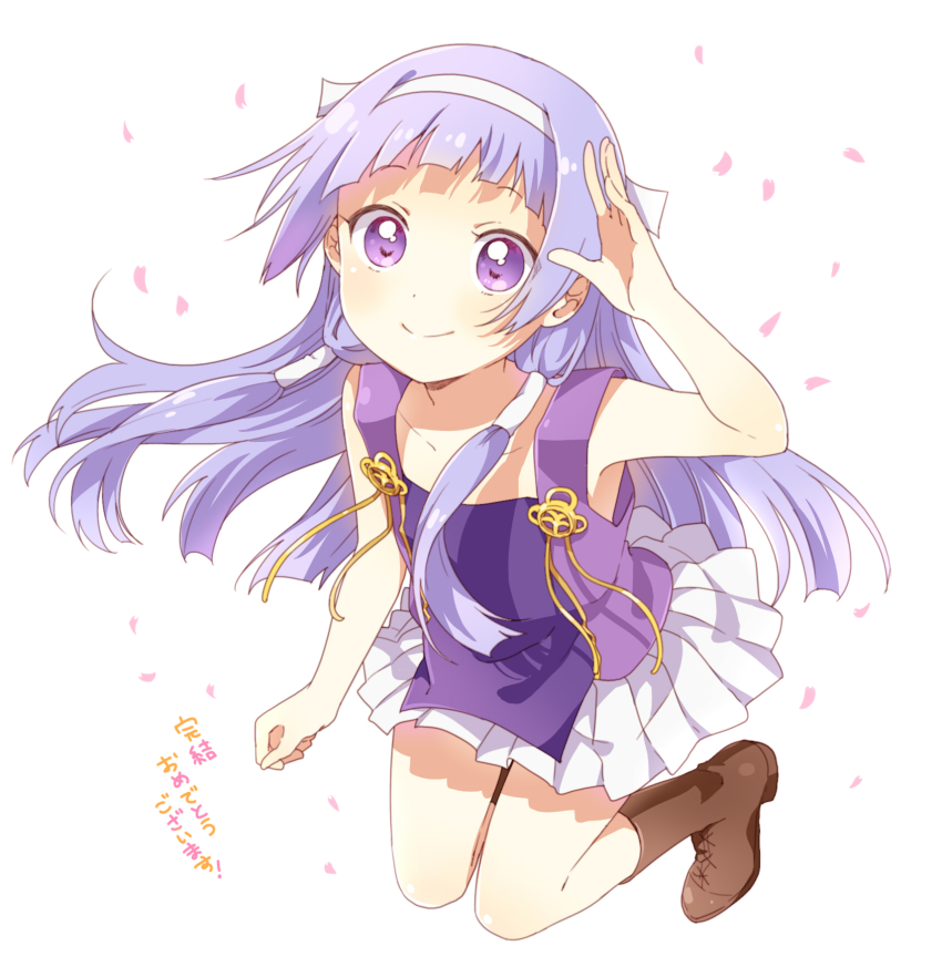 1girl blue_hair blunt_bangs boots brown_boots commentary female_focus flat_chest hair_tubes hairband highres kannagi long_hair nagi namori pleated_skirt purple_eyes skirt sleeveless smile solo thank_you translated white_skirt