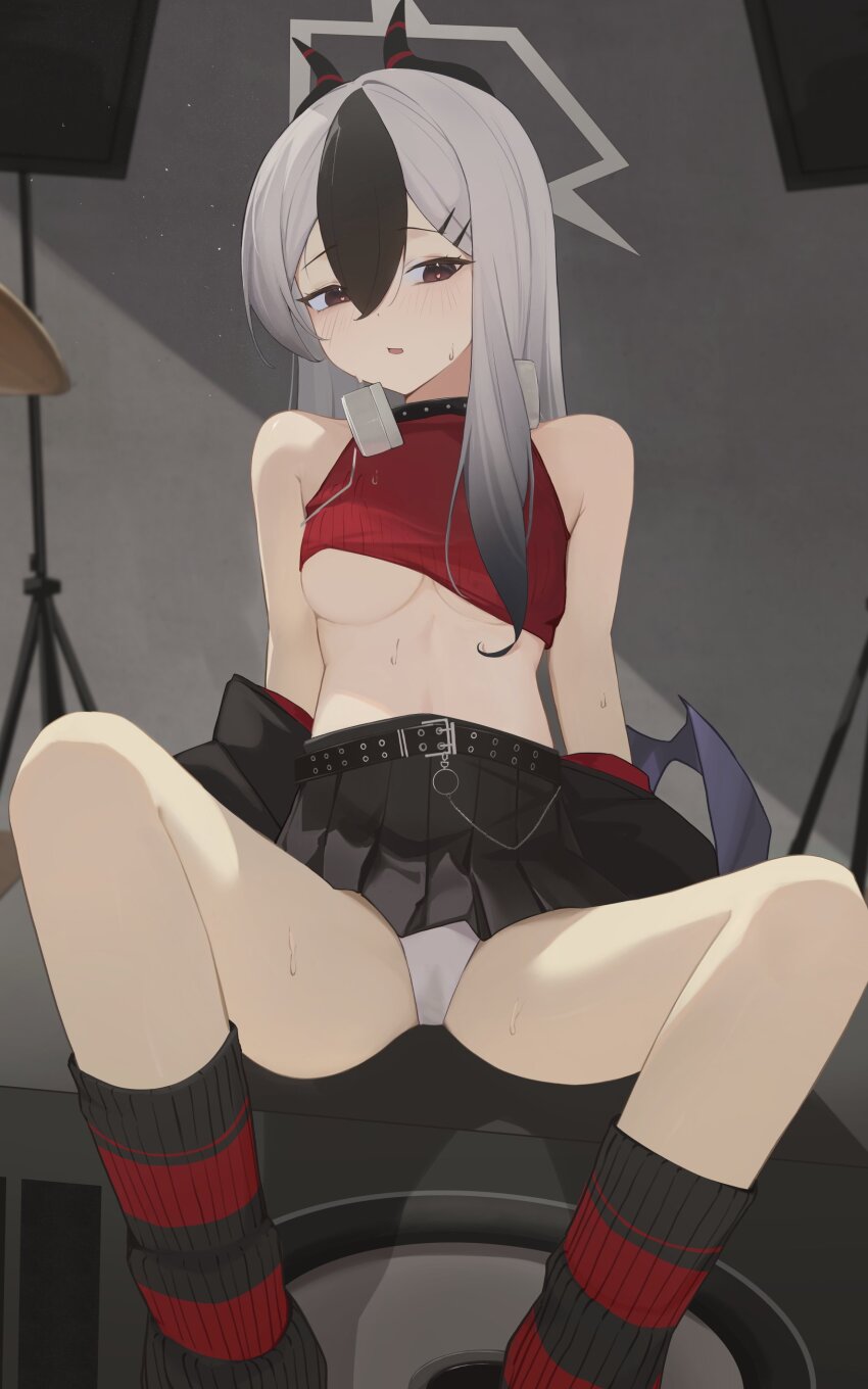 1girl absurdres alternate_costume belt black_belt black_hair black_horns black_skirt blue_archive breasts clothes_pull commentary demon_horns demon_wings gmi_(jimmyovob) grey_halo hair_between_eyes hair_ornament hairclip halo highres horns kayoko_(blue_archive) long_hair looking_at_viewer medium_breasts miniskirt multicolored_hair panties parted_lips pleated_skirt red_eyes shirt single_wing sitting skirt sleeveless sleeveless_shirt socks solo sweat two-tone_hair underboob underwear white_hair white_panties wings