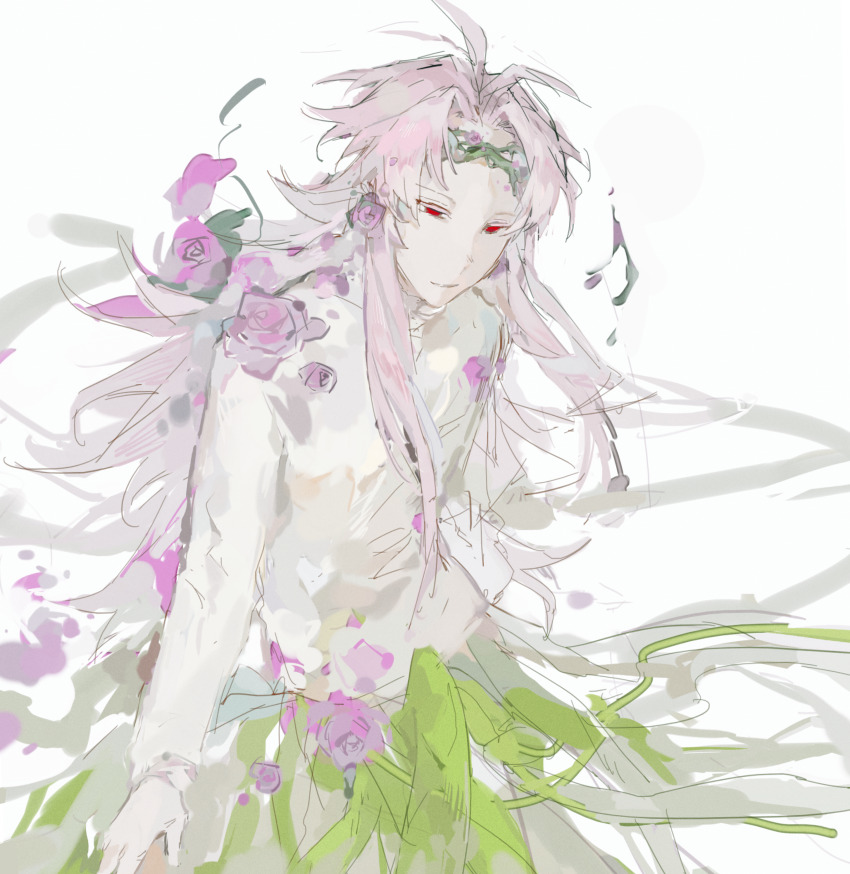 1boy absurdres antenna_hair chinese_commentary colored_eyelashes commentary_request crown_of_thorns curtained_hair flower hatsutori_hajime highres lei_renqun_xing_shanyao_shi long_hair long_sleeves male_focus parted_bangs pink_flower pink_hair red_eyes saibou_shinkyoku shirt sidelocks sketch smile solo white_shirt