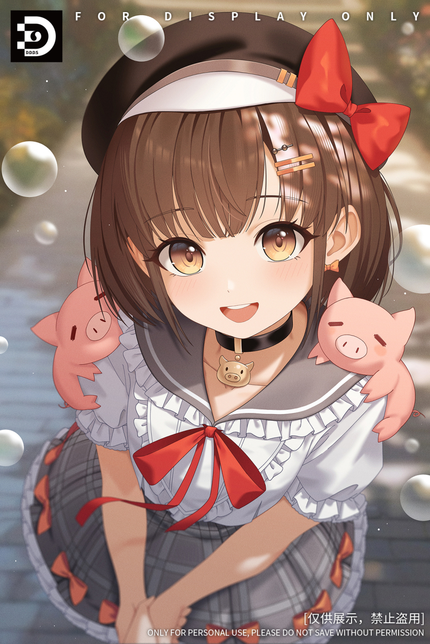 1girl 1other :d animal animal_on_shoulder black_choker black_hat blurry blurry_background bow bow_earrings bowtie brown_hair bubble chinese_commentary choker collarbone commentary_request dinyc earrings frilled_sailor_collar frilled_sleeves frills grey_sailor_collar grey_skirt hair_ornament hairclip hat hat_bow highres holding_hands jewelry light_particles looking_at_viewer newsboy_cap open_mouth original pig plaid_clothes plaid_skirt pov pov_hands puffy_short_sleeves puffy_sleeves red_bow red_bowtie sailor_collar sailor_shirt shirt short_hair short_sleeves skirt smile solo_focus teeth upper_teeth_only watermark white_shirt yellow_eyes