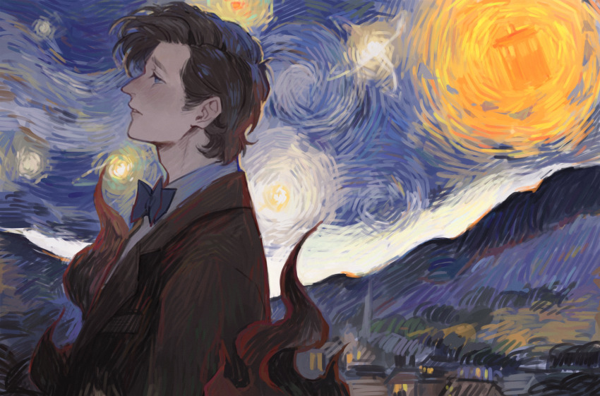 1boy brown_hair brown_suit doctor_who eleventh_doctor_(doctor_who) formal_clothes highres looking_to_the_side luminous_slime solo starry_night_(van_gogh) suit the_doctor_(doctor_who)