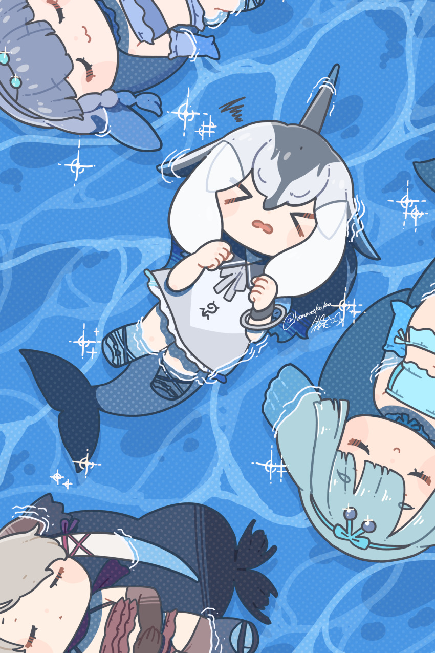 &gt;_&lt; 4girls absurdres american_manatee_(kemono_friends) bikini blowhole blue_bikini blue_gloves blue_hair bracelet brown_bikini brown_gloves brown_thighhighs cetacean_tail closed_eyes dorsal_fin dress dugong_(kemono_friends) elbow_gloves fins fish_tail floating frilled_bikini frilled_dress frilled_gloves frills from_above gloves grey_dress grey_hair grey_neckerchief hair_between_eyes hamanekoko highres japari_symbol jewelry kemono_friends kemono_friends_3 midriff multicolored_hair multiple_girls navel neckerchief open_mouth pacific_white-sided_dolphin_(kemono_friends) sailor_collar sailor_dress sidelocks spaghetti_strap sparkle swimsuit tail thighhighs two-tone_dress walrus_(kemono_friends) water white_dress white_hair zettai_ryouiki