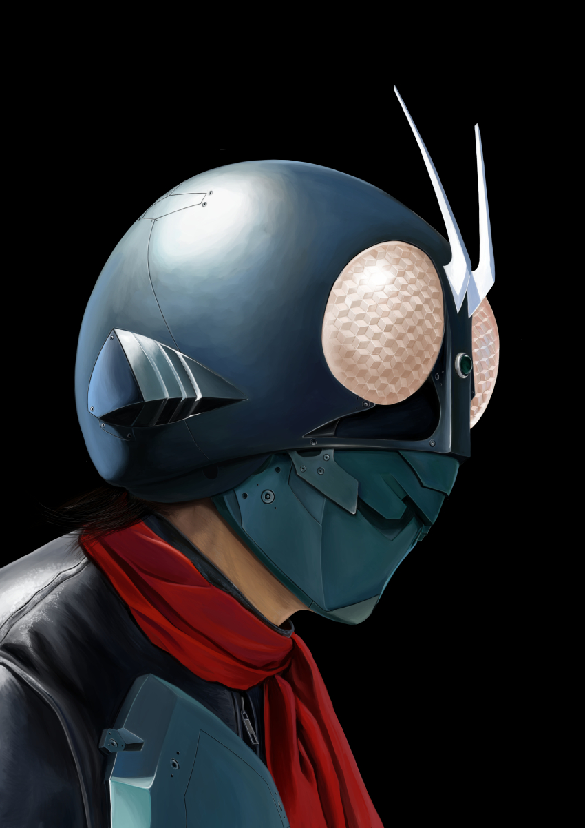 1boy absurdres antennae armor armored_bodysuit black_background black_bodysuit bodysuit bug commentary compound_eyes gattyo glowing glowing_eyes grasshopper green_armor green_helmet helmet highres insect kamen_rider kamen_rider_1 kamen_rider_1_(shin) leather_suit looking_to_the_side male_focus portrait red_eyes red_scarf scarf shin_kamen_rider short_hair simple_background solo tokusatsu zipper