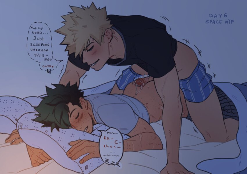 2boys ass bakugou_katsuki black_shirt blonde_hair blue_male_underwear blush body_freckles boku_no_hero_academia boxers dreaming english_text freckles green_hair highres looking_at_another lying male_focus male_underwear male_underwear_pull midoriya_izuku multiple_boys multiple_scars on_stomach penis pillow scar shirt short_hair sleep_molestation sleeping spacenipnops speech_bubble spiked_hair thought_bubble underwear wet_dream white_shirt yaoi