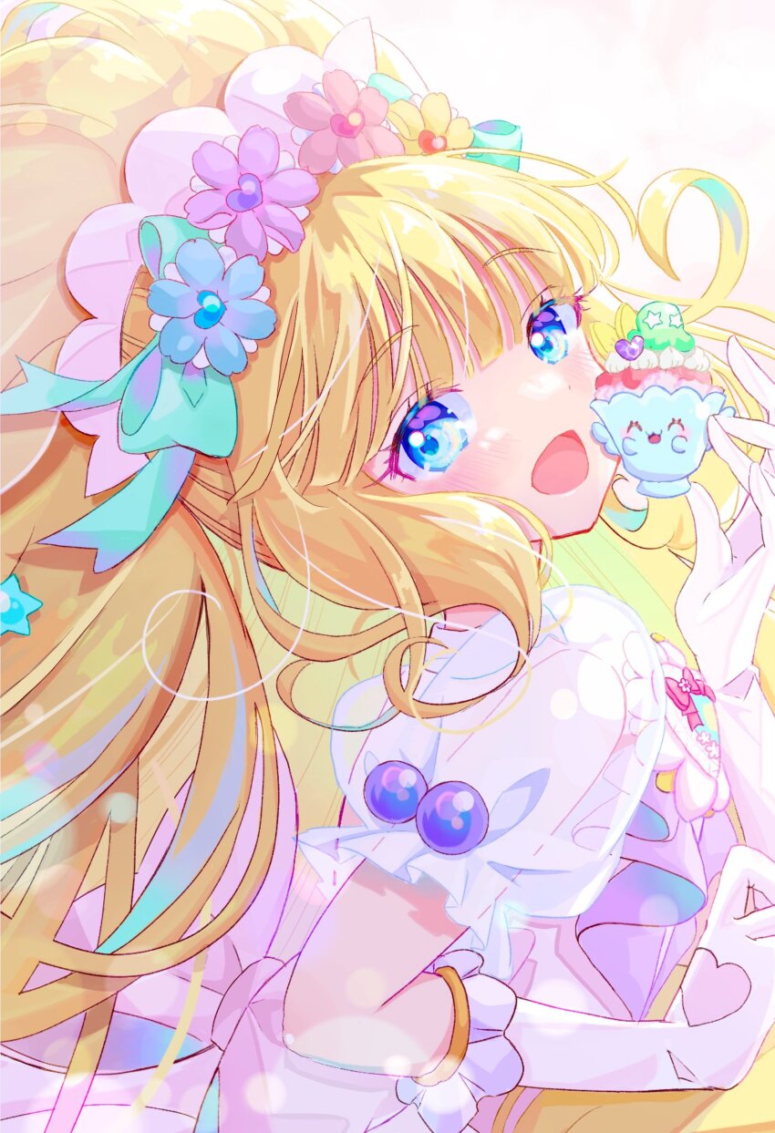 1girl absurdres back_bow big_hair blonde_hair blue_eyes blunt_bangs bow commentary cure_finale cure_finale_(party_up_style) delicious_party_precure dress flower flower_hairband from_side gloves hair_bow hair_flower hair_ornament highres kasai_amane lilylily0601 long_hair looking_at_viewer magical_girl open_mouth precure puffy_short_sleeves puffy_sleeves recipipi revision see-through_clothes see-through_sleeves short_sleeves smile solo white_dress white_gloves