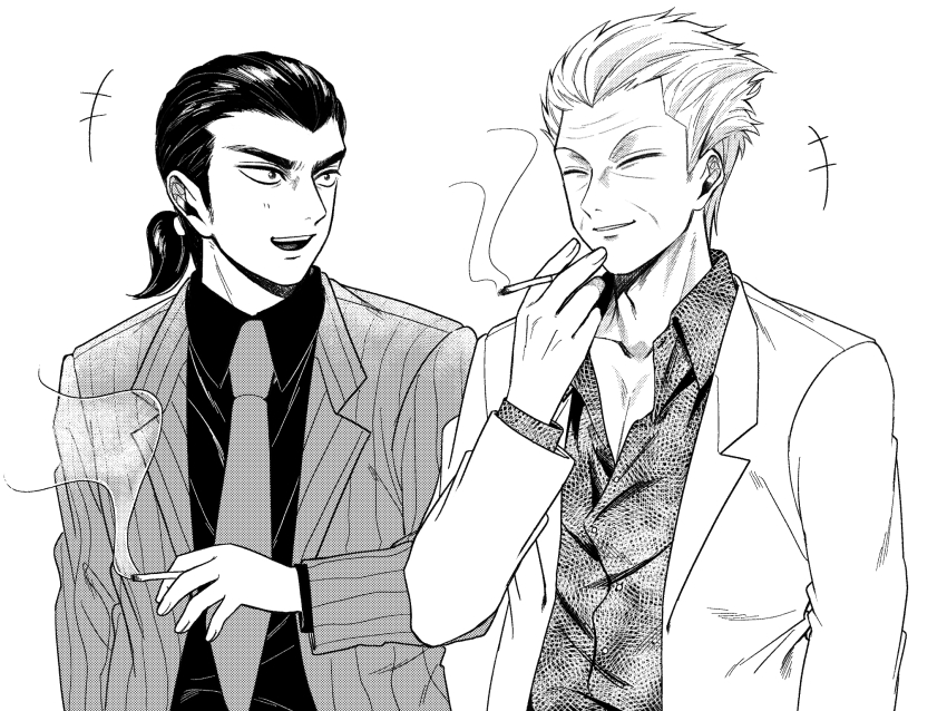 +++ 2boys cigarette closed_eyes collared_shirt commentary_request gin_to_kin greyscale hair_slicked_back highres hirai_ginji holding holding_cigarette jacket looking_at_another looking_to_the_side low_ponytail male_focus monochrome morita_tetsuo multiple_boys niwatori_panda old old_man open_clothes open_jacket open_mouth ponytail shirt short_hair simple_background smile smoke smoking striped_clothes striped_jacket upper_body vertical-striped_clothes vertical-striped_jacket