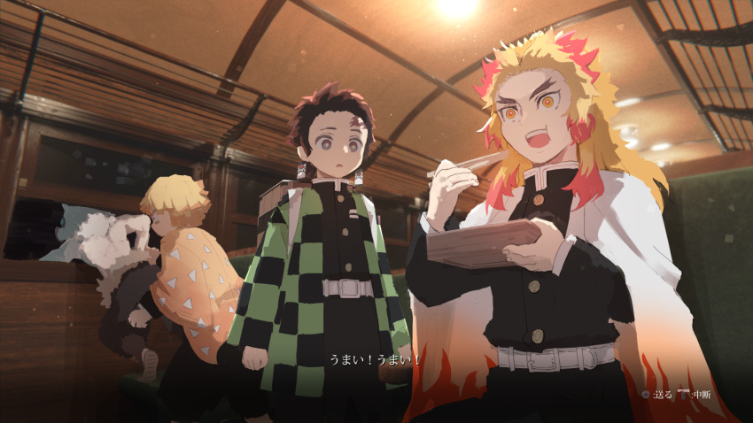 4boys agatsuma_zenitsu black_pants black_shirt blonde_hair brown_hair button_prompt checkered_haori demon_slayer_uniform earrings eating food haori hashibira_inosuke holding_bento japanese_clothes jewelry kamado_tanjirou kimetsu_no_yaiba multiple_boys pants rengoku_kyoujurou samidare_(hoshi) sekiro:_shadows_die_twice shirt sitting subtitled topless_male train_interior translation_request user_interface yellow_haori