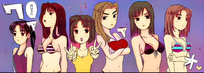 akiyama_kazumi artist_request belly bikini black_bikini bob_cut bra breasts cleavage highres initial_d iwase_kyoko iwase_kyouko large_breasts medium_breasts mogi_natsuki multiple_girls navel one-piece_swimsuit ponytail red_bikini satou_mako sayuki_(initial_d) short_hair small_breasts swimsuit tagme two-piece uehara_mika underwear yellow_bikini