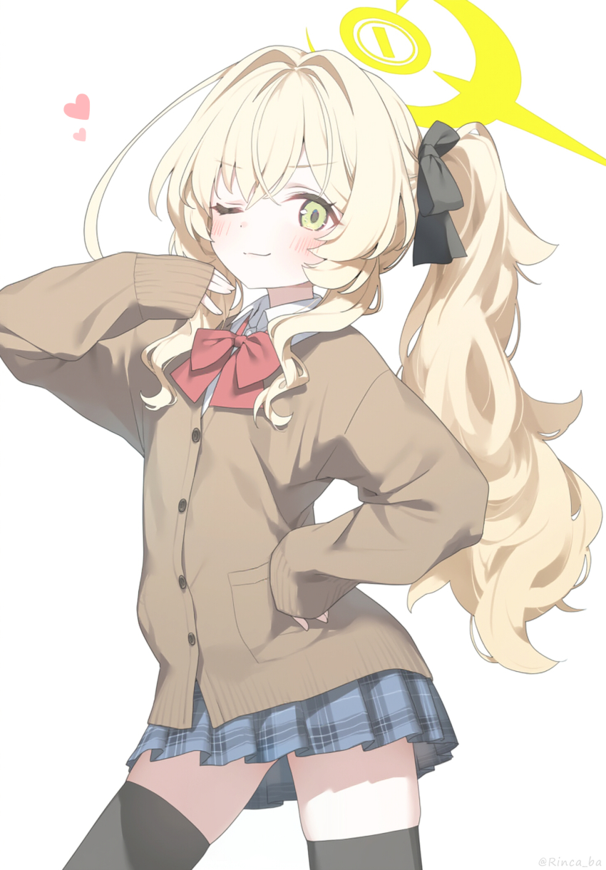 1girl ai-assisted black_thighhighs blonde_hair blue_archive blue_skirt blue_sky blush bow brown_cardigan brown_sweater cardigan closed_mouth collared_shirt contrapposto cowboy_shot female_focus flat_chest green_eyes halo hand_on_own_hip heart highres light_blush long_hair looking_at_viewer miniskirt official_alternate_costume one_eye_closed pastel_colors plaid_clothes plaid_skirt professor_niyaniya_(blue_archive) red_bow rinca shirt side_ponytail simple_background skindentation skirt sky sleeves_past_wrists smile smug solo sweater tareme thighhighs v-shaped_eyebrows wavy_mouth white_background white_shirt zettai_ryouiki