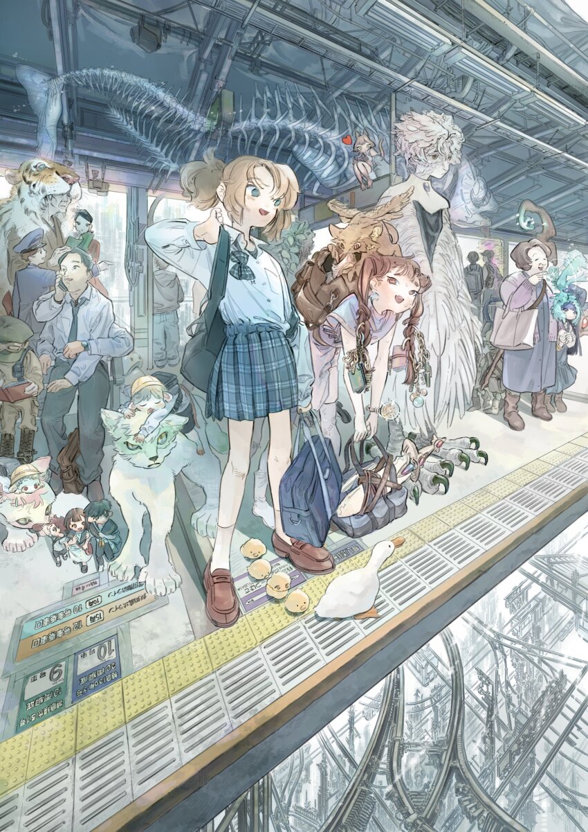 2girls absurdres aya_katsudon backpack bag bird blonde_hair bow bowtie elbow_carry goose highres multiple_girls original plaid_bow plaid_bowtie plaid_clothes ponytail school_uniform skeleton standing tiger train_station