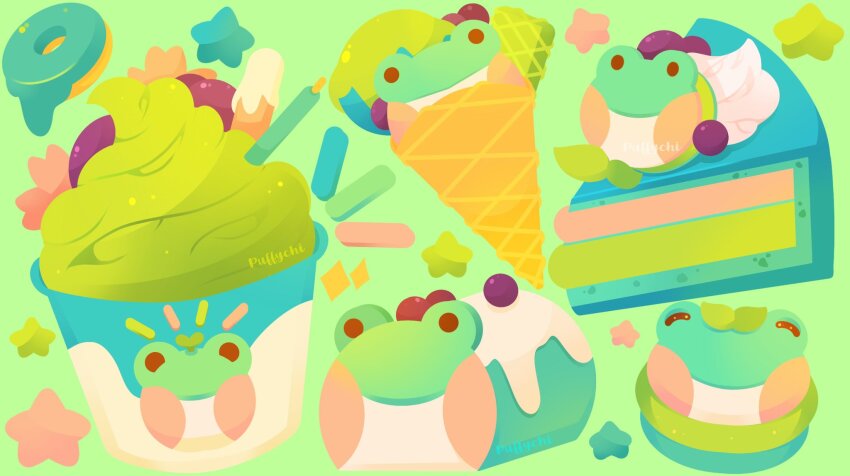 ^_^ animal-themed_food blush_stickers bowl cake cake_slice character-themed_food closed_eyes commentary donut english_commentary food frog green_background green_theme hasunoue_keroppi highres ice_cream ice_cream_cone kero_kero_keroppi macaron no_humans notice_lines pocky puffychii sanrio sparkle star_(symbol) swiss_roll