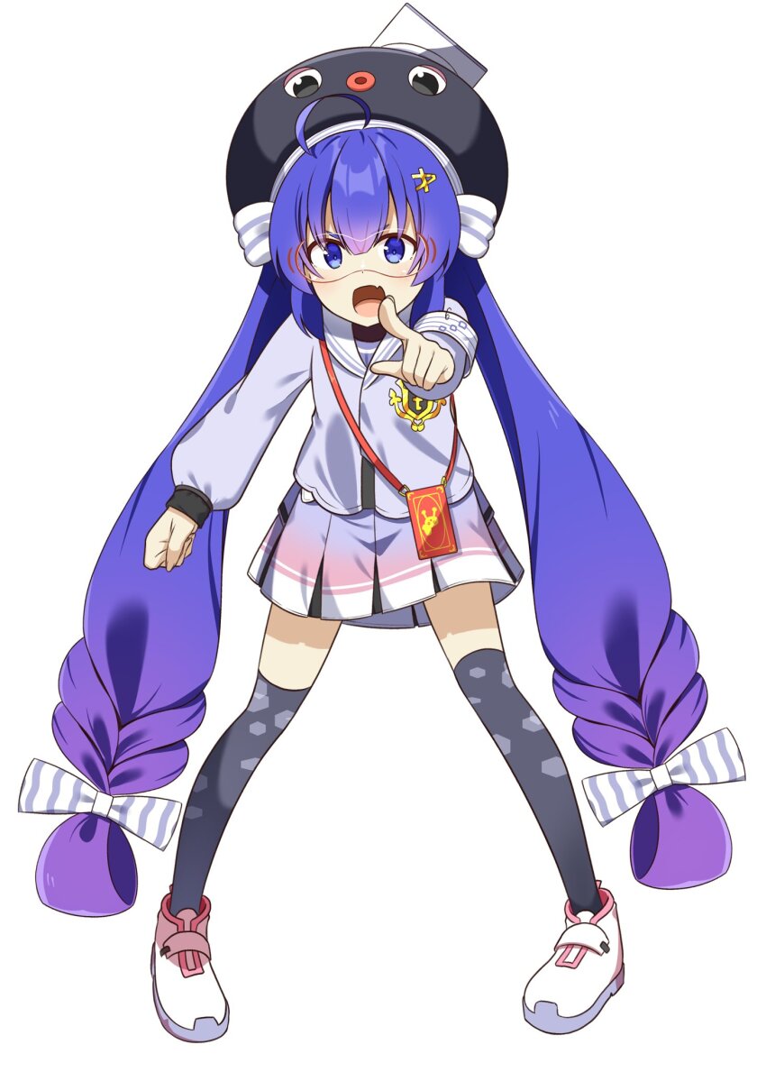 1girl :d ahoge animal_hat armband black_hat black_thighhighs black_undershirt blue_eyes blue_hair blunt_bangs bow braid cellphone_strap chaakusu commentary_request eel_hat fang full_body goggles gradient_clothes gradient_hair gradient_skirt hair_between_eyes hair_bow hair_ornament hairclip hat hat_ribbon highres honeycomb_(pattern) honeycomb_print jacket large_hat long_hair long_sleeves looking_at_viewer low-braided_long_hair low-tied_long_hair low_twintails mortarboard multicolored_hair multicolored_shoes multicolored_skirt open_mouth otomachi_una otomachi_una_(voicepeak) over-kneehighs pigeon-toed pink_skirt pleated_skirt pointing pointing_at_viewer print_thighhighs puffy_long_sleeves puffy_sleeves purple_jacket purple_skirt red-framed_eyewear ribbon safety_pin sailor_collar sailor_jacket shirt shoes shoulder_strap simple_background skirt smartphone_case smile solo standing striped_bow striped_ribbon thighhighs turtleneck turtleneck_shirt twintails variant_set vertical-striped_bow very_long_hair voicepeak white_armband white_background white_bow white_ribbon white_sailor_collar white_shoes