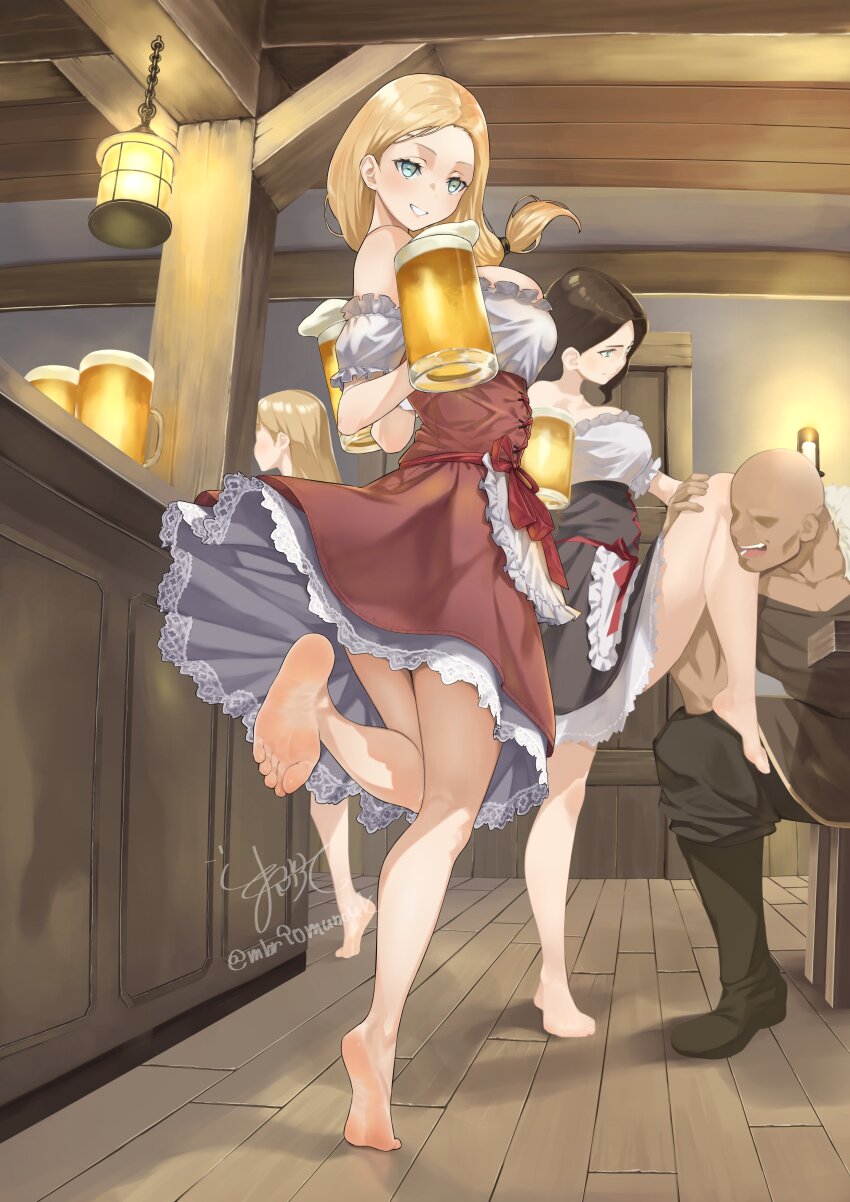 1boy 3girls absurdres apron bare_legs bare_shoulders barefoot barmaid beer_mug blonde_hair blue_eyes boots breasts brown_hair counter cup detached_sleeves dress faceless faceless_male feet foot_on_another&#039;s_thigh frills hashtag-only_commentary highres holding holding_cup indoors kneepits lamp large_breasts long_hair looking_at_viewer low_ponytail maburoku mug multiple_girls no_shoes original ponytail puffy_short_sleeves puffy_sleeves short_sleeves signature smile soles standing standing_on_one_leg strapless strapless_dress tavern tiptoes toes twitter_username waist_apron wooden_beam wooden_floor