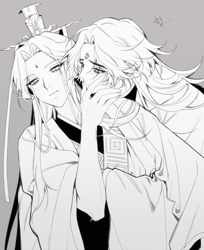 2boys absurdres bisu_(hw3op) blush chinese_clothes closed_mouth facial_mark forehead_mark frown greyscale hand_on_another&#039;s_face hanfu highres korean_commentary korean_text long_hair long_sleeves luo_binghe male_focus monochrome multiple_boys renzha_fanpai_zijiu_xitong ribbon ribboned_xiao_guan shen_qingqiu simple_background topknot upper_body wide_sleeves xiao_guan_(headdress) yaoi zuiyin