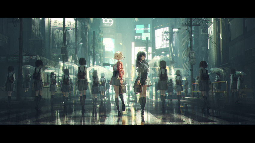 6+girls bag black_footwear black_hair black_socks blonde_hair blue_dress bob_cut brown_bag building city collared_shirt commentary dress english_commentary fen_bang_laoda grey_dress hair_ribbon highres holding holding_bag holding_umbrella inoue_takina kneehighs letterboxed loafers long_hair looking_back lycoris_recoil multiple_girls nishikigi_chisato outdoors pleated_dress purple_eyes rain red_dress red_eyes red_ribbon revision ribbon school_uniform shibuya_(tokyo) shirt shoes short_hair socks tokyo_(city) two-tone_dress umbrella white_shirt