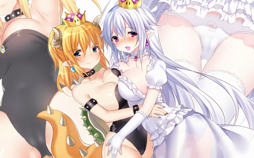 2girls armlet armpits ass asymmetrical_docking bare_shoulders black_leotard blonde_hair blue_eyes blush bowsette bracelet breast_press breasts cameltoe cleavage collar collarbone covered_navel craytm crown dress earrings frilled_dress frilled_gloves frills gloves gluteal_fold hair_between_eyes horns jewelry large_breasts leotard lips long_hair looking_at_viewer luigi&#039;s_mansion mario_(series) multiple_girls new_super_mario_bros._u_deluxe nintendo open_mouth panties pointy_ears ponytail princess_king_boo puffy_short_sleeves puffy_sleeves purple_eyes see-through_clothes short_sleeves smile spiked_armlet spiked_bracelet spiked_collar spiked_shell spiked_tail spikes strapless strapless_leotard super_crown symmetrical_docking tail thighhighs turtle_shell underwear white_dress white_gloves white_hair white_legwear