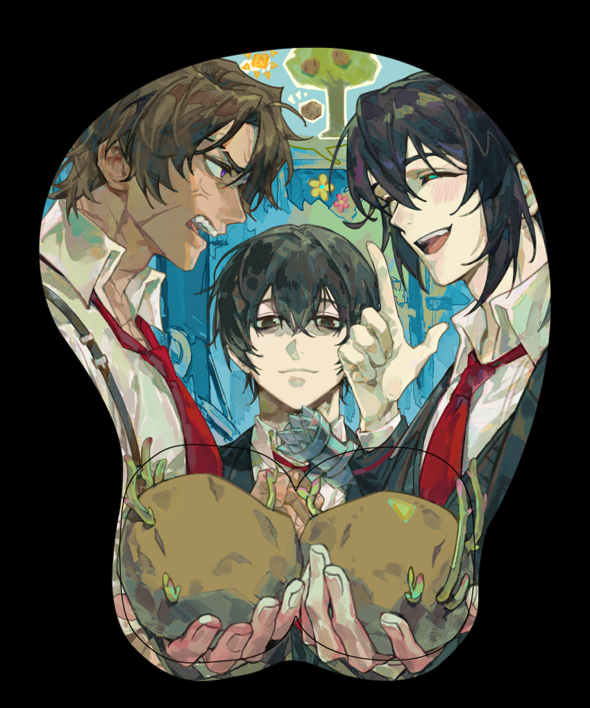 3boys baihuahua5441 black_eyes black_hair blush closed_eyes closed_mouth collared_shirt heathcliff_(project_moon) highres hong_lu_(project_moon) limbus_company looking_at_viewer male_focus mousepad_(medium) multiple_boys necktie open_mouth potato project_moon red_necktie shirt smile white_shirt yi_sang_(project_moon)