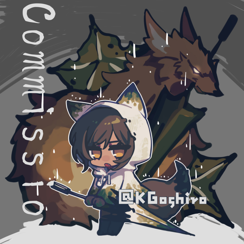 1girl :o animal_ears black_shoes brown_hair chibi dark-skinned_female dark_skin drifting_fox e.g.o_(project_moon) er_hea fang fox fox_ears fox_tail full_body grey_background highres holding holding_umbrella limbus_company looking_at_viewer outis_(project_moon) project_moon rain_poncho raincoat shoes simple_background standing sunshower_(e.g.o) tail umbrella white_raincoat yellow_eyes