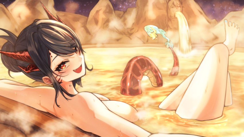 1girl :d arm_rest barefoot black_hair blue_toenails breasts completely_nude dragon_girl dragon_horns dragon_tail facial_mark fang fire flame-tipped_tail from_behind from_side hair_bun hajikami_eleme highres horns indie_virtual_youtuber kaiju_ryoku knees_up large_breasts leaning_back leg_up looking_at_viewer looking_back multiple_horns nail_polish night nude onsen open_mouth outdoors partially_submerged red_eyes red_horns red_tail rock short_hair sidelocks sitting sky smile solo spread_toes star_(sky) starry_sky steam swept_bangs tail toenail_polish toenails toes virtual_youtuber wet