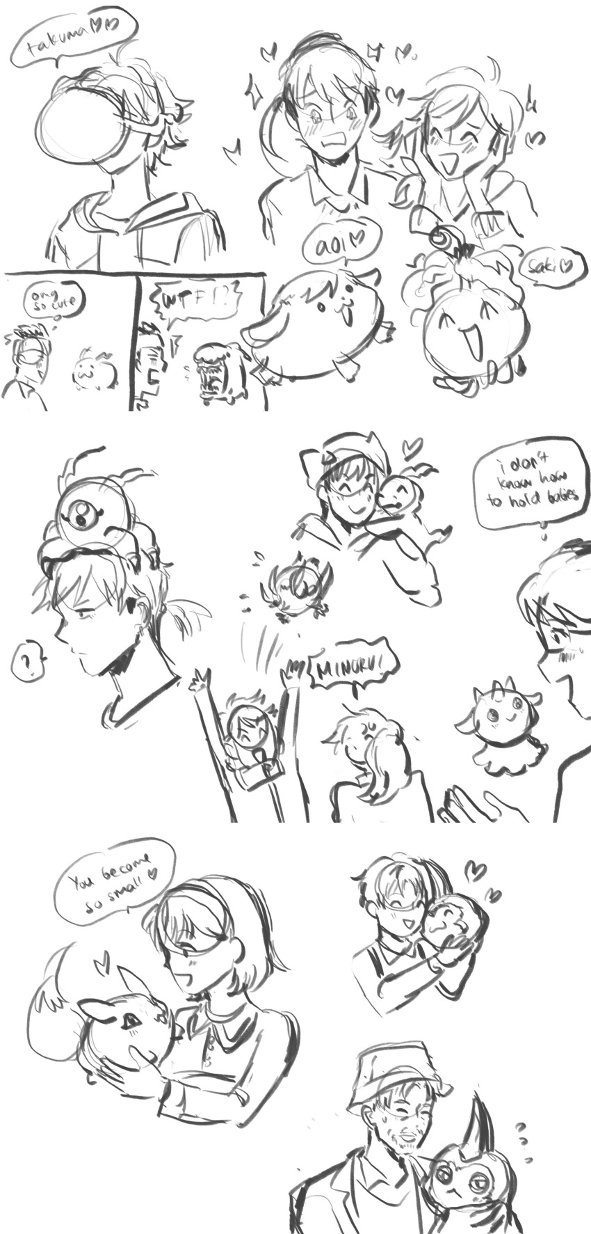absurdres chocomon claws digimon digimon_survive happy haru_(digimon_survive) heart highres hinata_minoru horns kayama_shuuji kimishima_saki koromon looking_at_another looking_to_the_side minase_miyuki momotsuka_takuma pinamon pokomon_(digimon) professor_(digimon_survive) pukamon pyocomon shibuya_aoi shinonome_kaito shinonome_miu smile tokomon tominaga_ryo tsumemon tunomon xiaomon