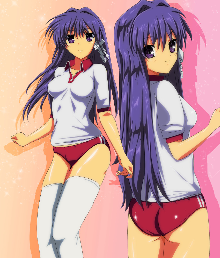 1girl ass breasts buruma clannad closed_mouth collared_shirt commission fujibayashi_kyou gentoku gradient_background gym_uniform hair_intakes highres looking_at_viewer medium_breasts multiple_views pink_background pixiv_commission purple_eyes purple_hair red_buruma shirt smile thighhighs thighs white_thighhighs yellow_background