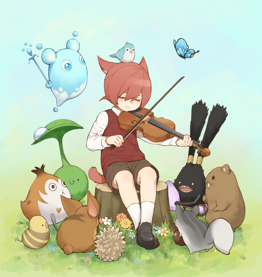 1boy absurdres aged_down alternate_costume animal animal_ears animal_on_head beaver bird bird_on_head black_footwear blue_butterfly brown_shorts bug butterfly cat_boy cat_ears cat_tail child chinese_commentary closed_eyes collared_shirt commentary_request creature crossed_ankles facial_mark facing_viewer final_fantasy final_fantasy_xiv floating flower full_body g&#039;raha_tia gradient_background grass great_serpent_of_ronka highres holding holding_instrument holding_violin insect instrument korpokkur long_sleeves male_focus mbomb miqo&#039;te music nutkin on_head outdoors paissa playing_instrument red_hair red_vest shirt shoes short_hair shorts sitting on_tree_stump smile spriggan_(final_fantasy) tail tree_stump vest violin white_legwear white_shirt