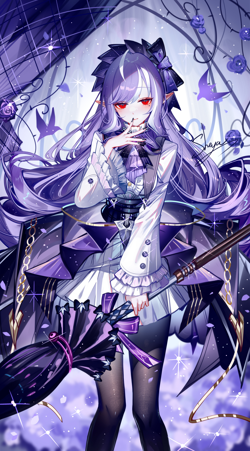 1boy 1girl absurdres ahoge black_pantyhose closed_mouth floating_hair highres holding holding_umbrella long_hair long_sleeves looking_at_viewer mole mole_under_eye multicolored_hair pantyhose pointy_ears purple_hair red_eyes sheya signature skirt smile solo standing streaked_hair umbrella vivian_(zenless_zone_zero) white_hair white_skirt zenless_zone_zero