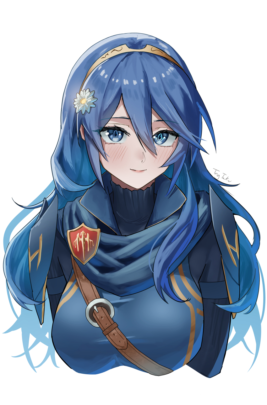1girl absurdres alternate_breast_size blue_cape blue_eyes blue_hair blush brand_of_the_exalt breasts cape closed_mouth fire_emblem fire_emblem_awakening flower hair_between_eyes hair_flower hair_ornament highres long_hair looking_at_viewer lucina_(fire_emblem) nintendo simple_background smile solo tiara tngtaku upper_body white_background