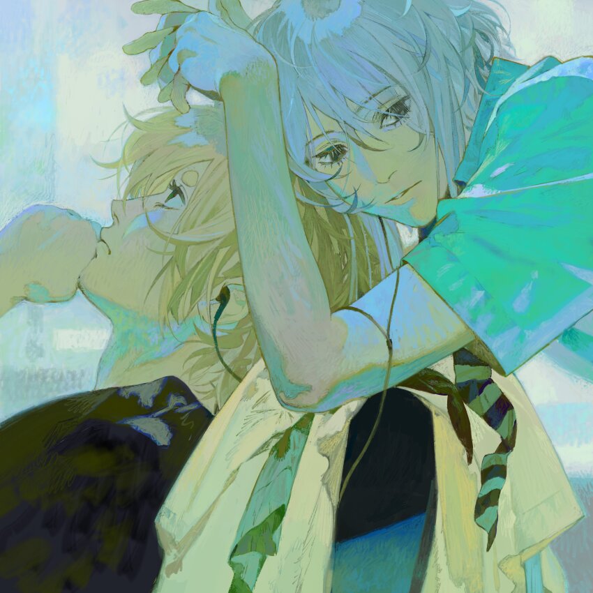 2boys absurdres blonde_hair blue_hair blue_shirt earphones highres long_hair male_focus multiple_boys necktie original purple_eyes shirt short_hair xiaoquandianer