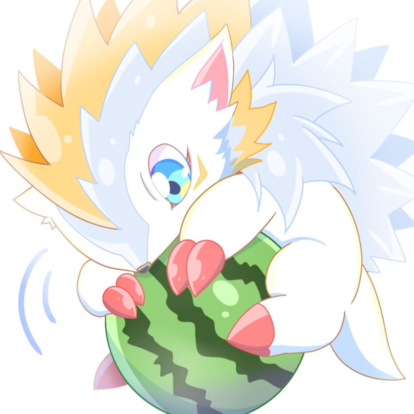 blue_eyes claws digimon digimon_(creature) food fruit herissmon highres solo tail watermelon