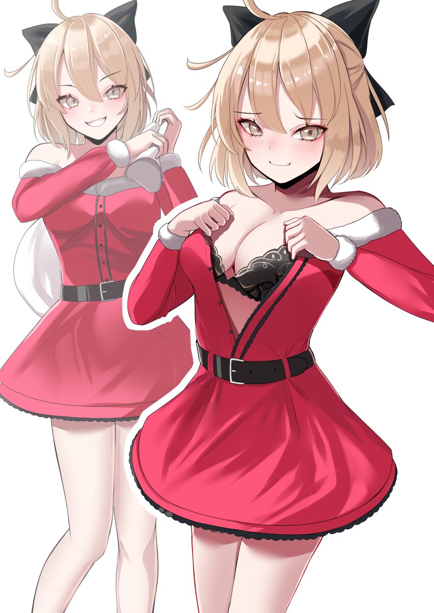 1girl absurdres ahoge bare_shoulders belt black_bow black_bra blonde_hair blush bow bra breasts cleavage dress fate/grand_order fate_(series) grin hair_bow half_updo highres large_breasts long_sleeves looking_at_viewer multiple_views nigori_(keydoor) off_shoulder okita_souji_(fate) red_dress short_hair smile thighs underwear yellow_eyes