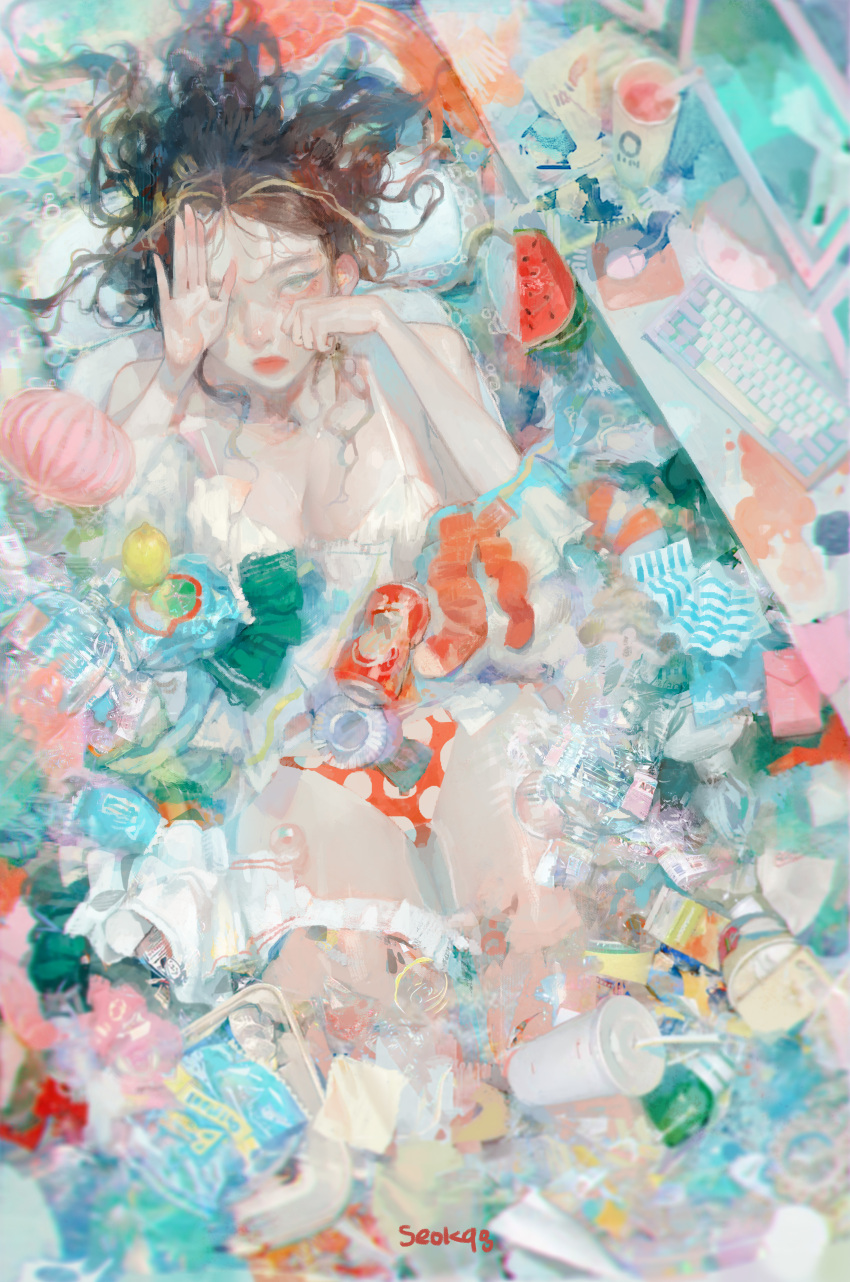 1girl absurdres artist_name can commentary computer_keyboard computer_mouse cup disposable_cup drink_can english_commentary food from_above fruit highres lemon long_hair original seok98 soda_can solo watermelon