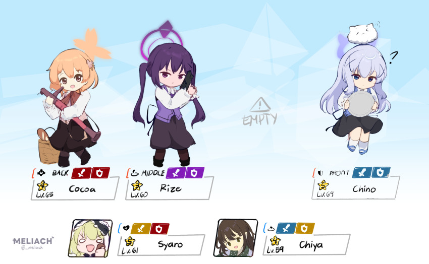 5girls ? angora_rabbit animal animal_on_head artist_name black_skirt blue_archive blue_eyes blue_vest crossover gochuumon_wa_usagi_desu_ka? gun hair_between_eyes hair_ornament halo handgun highres hoto_cocoa kafuu_chino kirima_syaro long_hair long_skirt long_sleeves looking_at_viewer meliach multiple_girls on_head open_mouth orange_hair pink_vest purple_eyes purple_hair rabbit rabbit_house_uniform rabbit_on_head shirt short_hair skirt smile submachine_gun tedeza_rize tippy_(gochiusa) twintails ujimatsu_chiya vest weapon white_hair white_shirt x_hair_ornament