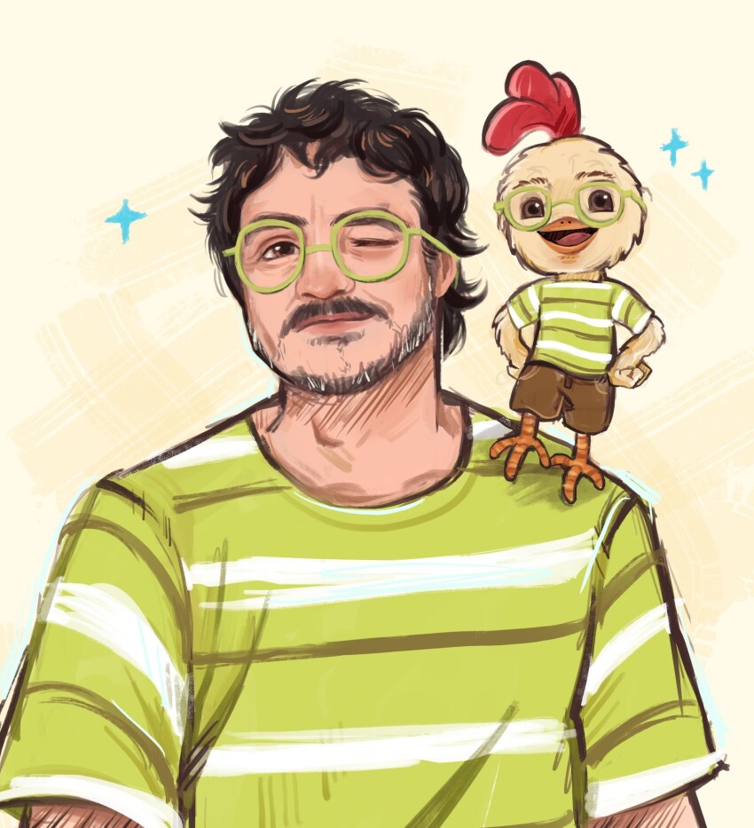 2boys bird black_hair brown_eyes brown_shorts chicken chicken_little chicken_little_cluck ciaa-arts clenched_hands closed_mouth commentary crossover english_commentary glasses green_shirt highres looking_at_viewer multiple_boys open_mouth pedro_pascal portrait real_life rooster shirt short_hair shorts simple_background smile sparkle