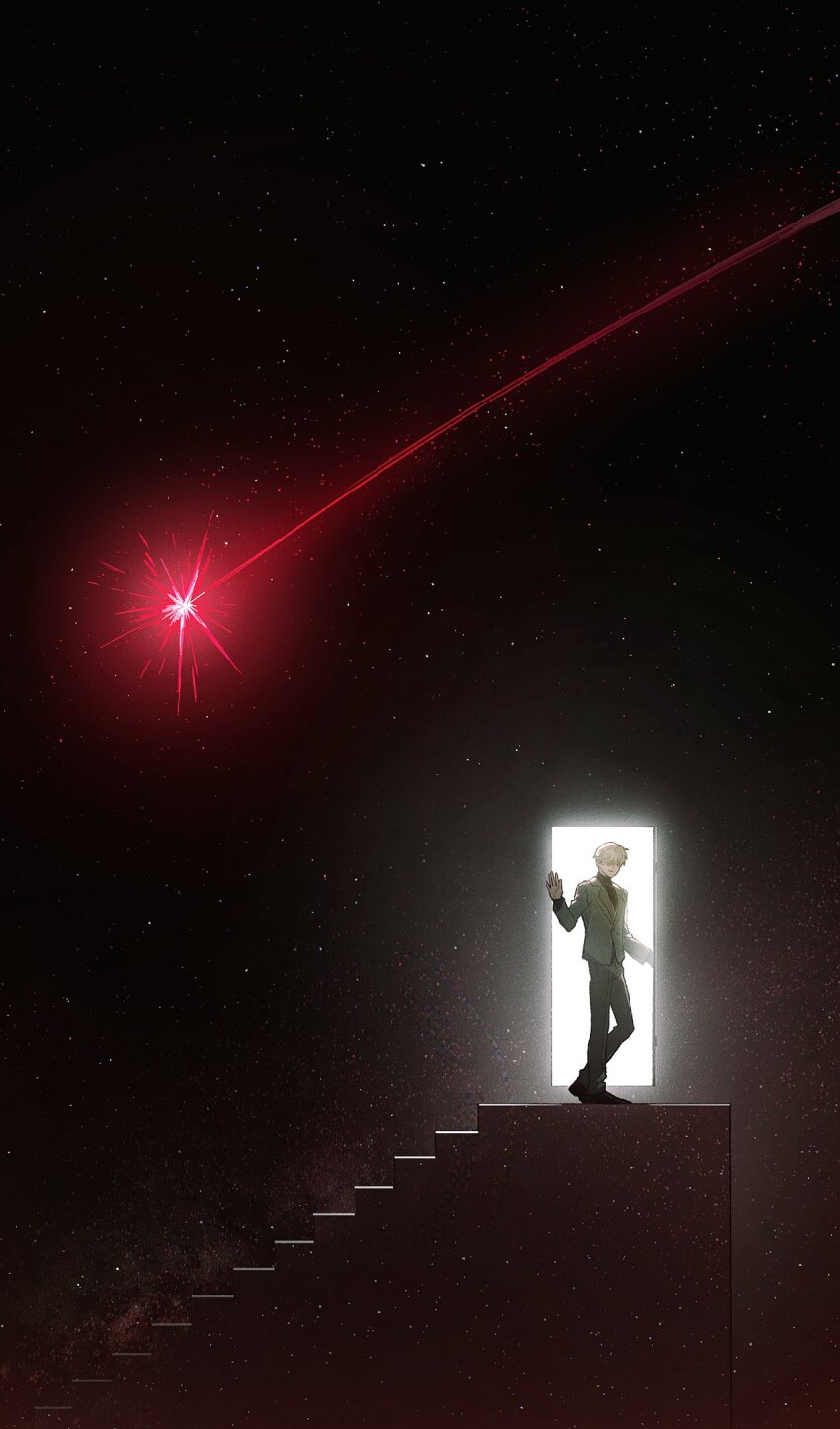 1boy blonde_hair char_aznable comet doorway formal_clothes full_body green_pants green_suit gundam gundam_gquuuuuux hair_over_eyes highres kitsune_(ly_howe) pants scene_reference shirouzu_(gundam) short_hair stairs star_(sky) suit the_truman_show waving