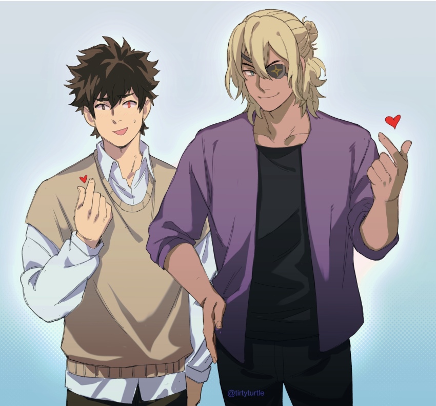 2boys :d ai_the_somnium_files ai_the_somnium_files:_nirvana_initiative aqua_eyes black_pants black_shirt blonde_hair blue_background brown_eyes brown_hair brown_sweater collared_shirt commentary cowboy_shot date_kaname english_commentary eyepatch finger_heart hair_between_eyes hair_bun half_updo hand_on_own_hip heart heterochromia highres jacket light_blush looking_at_viewer male_focus medium_hair multiple_boys official_alternate_costume open_mouth pants purple_jacket red_eyes ryuki_kuruto shirt short_hair simple_background smile sweatdrop sweater tirtyturtle twitter_username white_shirt