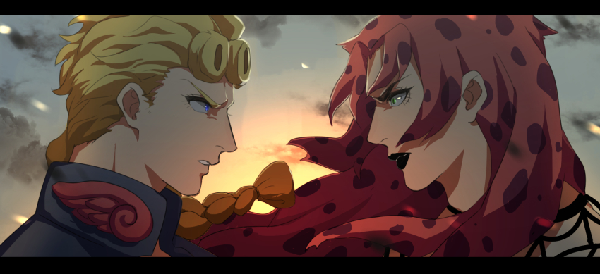2boys backlighting bad_id bad_pixiv_id black_lips blonde_hair blue_eyes braid diavolo eye_contact fishnets from_side giorno_giovanna green_eyes highres jojo_no_kimyou_na_bouken letterboxed lipstick long_hair looking_at_another makeup male_focus multiple_boys pink_hair polka_dot polka_dot_hair profile single_braid sky sunset vento_aureo yanoooh