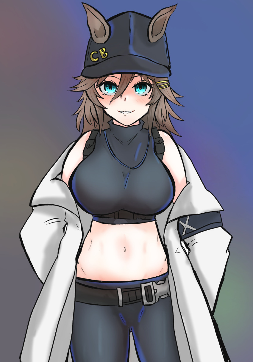 1girl animal_ears armband bare_shoulders baseball_cap belt black_belt black_hat black_pants black_shirt blue_archive blue_background blue_eyes breasts brown_hair coat commentary_request cosplay cowboy_shot crop_top ears_through_headwear gradient_background grey_background grin hair_ornament hairclip haru_(haruno_superman) hat highres horse_ears large_breasts leggings long_hair long_sleeves looking_at_viewer midriff mr._c.b._(umamusume) navel open_clothes open_coat pants saori_(blue_archive) saori_(blue_archive)_(cosplay) shirt sleeveless sleeveless_shirt smile solo standing stomach thighs umamusume white_coat