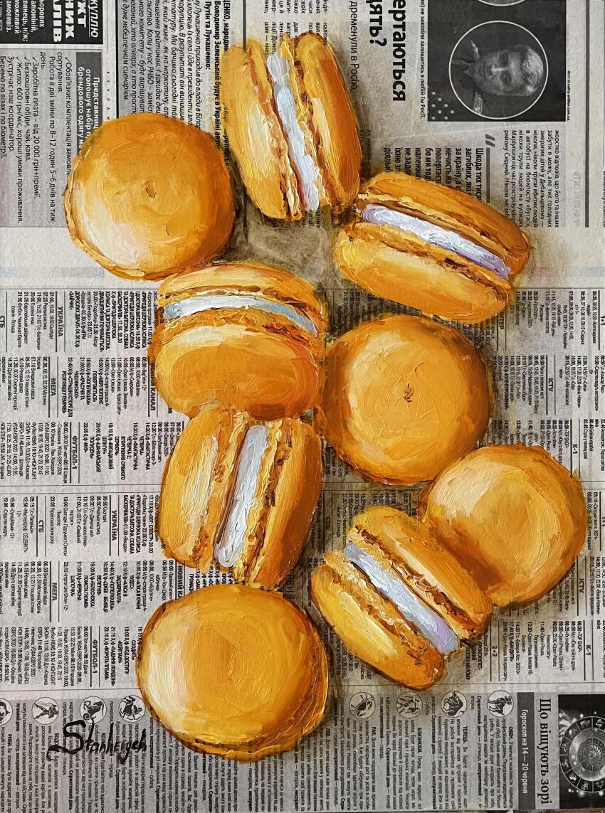 absurdres cream food food_focus highres julia_stankevych macaron newspaper oil_painting_(medium) original painting_(medium) photo_(medium) realistic salt signature still_life traditional_media wall_of_text