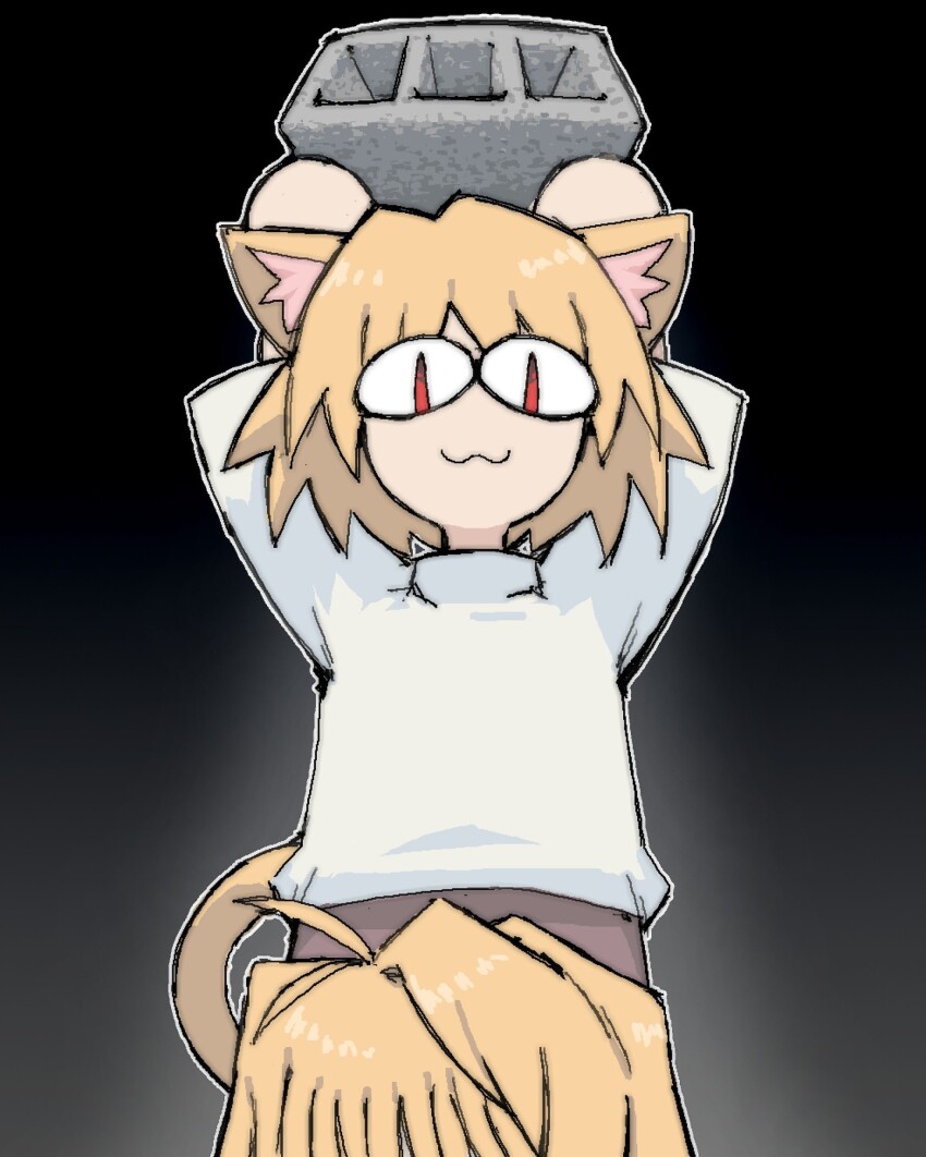 2girls :3 ahoge animal_ears arcueid_brunestud blonde_hair carrying_overhead cat_ears cat_girl cat_tail cinder_block commentary highres holding multiple_girls neco-arc pantsu-ripper purple_skirt red_eyes skirt slit_pupils tail tsukihime