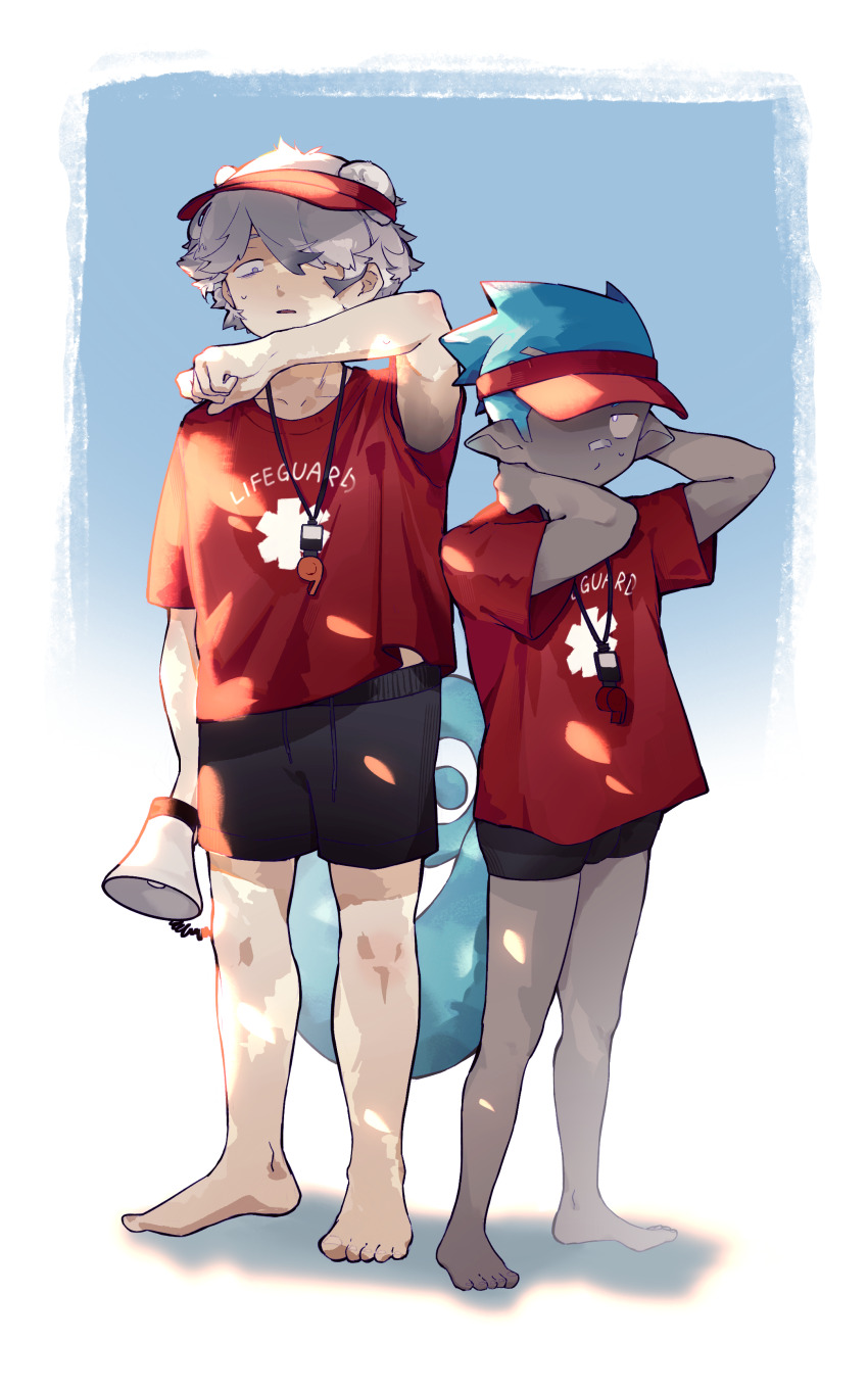 2boys absurdres animal_ears arknights barefoot bear_ears black_shorts blue_hair chameleon_tail dark-skinned_male dark_skin dochiyan_owo ethan_(arknights) grey_hair hat highres holding holding_megaphone jaye_(arknights) lifeguard looking_at_another male_focus megaphone multiple_boys open_mouth pointy_ears red_hat red_shirt shirt shorts spiked_hair sweatdrop tail visor_cap vitiligo whistle whistle_around_neck