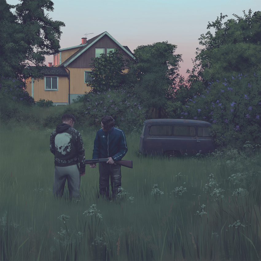 2boys adidas building car denim flower grass gun highres hood hood_down hoodie house jacket jeans motor_vehicle multiple_boys pants rust short_hair shotgun simon_stalenhag skull_print swedish_machines track_jacket tree very_short_hair weapon wisteria