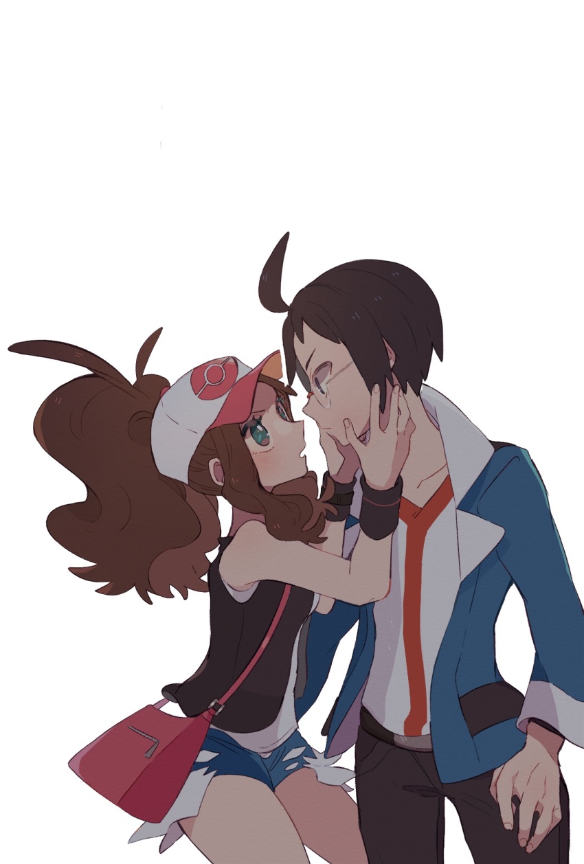 1boy 1girl ahoge antenna_hair bag baseball_cap belt black_hair black_pants black_vest blue_jacket blush brown_hair cheren_(pokemon) commentary_request eye_contact eyelashes glasses hands_on_another&#039;s_face hat highres hilda_(pokemon) jacket long_hair looking_at_another misha_(ohds101) nintendo open_mouth pants pokemon pokemon_bw shirt short_shorts shorts shoulder_bag sidelocks two-tone_headwear vest white_shirt wristband