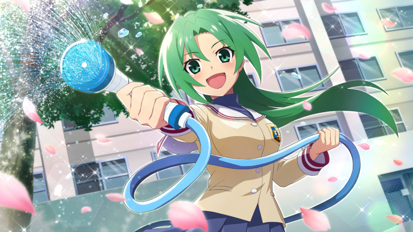 1girl artist_request blue_skirt brown_jacket building clannad crossover emblem game_cg green_eyes green_hair highres higurashi_no_naku_koro_ni higurashi_no_naku_koro_ni_mei hikarizaka_private_high_school_uniform hose jacket long_hair long_sleeves non-web_source official_art open_mouth outdoors pink_petals school_uniform skirt smile solo sonozaki_mion sparkle spraying tree water water_drop