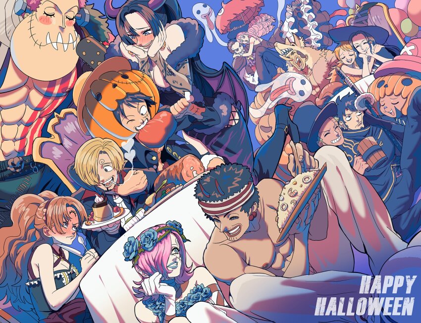 6+boys 6+girls abs arm_tattoo bags_under_eyes bat_wings black_dress black_eyes black_gloves black_hair black_jacket black_pants blonde_hair blue_eyes blue_flower blue_lips blunt_bangs blush boa_hancock boots bracelet breasts brother_and_sister brown_hair cape chair charlotte_katakuri charlotte_pudding cigarette cleavage closed_eyes collarbone commentary cosplay couple cross-laced_clothes cross-laced_dress curly_eyebrows dark-skinned_male dark_skin detached_sleeves dracule_mihawk dress drill_hair earrings eating english_commentary english_text facial_hair facial_scar fangs floral_print flower food frankenstein&#039;s_monster frankenstein&#039;s_monster_(cosplay) frilled_dress frills full-face_blush fur_trim ghost giant giant_male gin_(one_piece) gloves goatee green_dress grin hair_ornament hair_over_one_eye halloween_costume happy happy_halloween hat head_wreath heart height_difference hetero highres holding holding_knife holding_spoon holding_umbrella horns jack-o&#039;-lantern jacket jewelry knife large_breasts light_smile lips long_hair long_sleeves looking_at_another meat monkey_d._luffy multiple_boys multiple_girls muscular muscular_male mustache nami_(one_piece) nico_robin nipples object_through_head one_eye_closed one_piece open_clothes pants pectorals perona pink_hair pudding pumpkin revealing_clothes rita_ya roronoa_zoro sanji_(one_piece) scar scar_on_cheek scar_on_face screw_in_head shirt short_hair siblings size_difference smile spoon standing stitched_mouth stitches sword table tattoo teeth thighs third_eye tony_tony_chopper top_hat topless_male trafalgar_law twintails two-tone_dress umbrella usopp vampire_costume very_long_hair vinsmoke_reiju watch weapon werewolf_costume white_dress white_gloves white_pants white_shirt wings witch witch_hat wristwatch