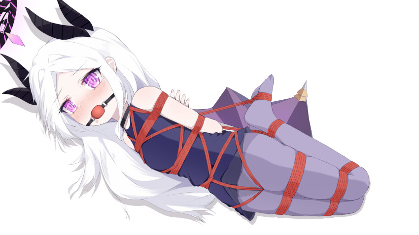 1girl abigcarrot_owo arms_behind_back ball_gag bare_arms bdsm black_choker black_halo black_horns blue_archive blue_shirt blush bondage bound bound_ankles bound_arms bound_feet bound_legs bound_torso breasts chinese_commentary choker crotch_rope demon_girl demon_horns demon_wings dot_nose forehead full_body gag gagged halo highres hina_(blue_archive) hogtie horns long_hair lying multiple_horns no_shoes nose_blush on_side panties panties_under_pantyhose pantyhose parted_bangs purple_eyes purple_pantyhose red_rope restrained rope shadow shibari shibari_over_clothes shirt simple_background sleeveless sleeveless_shirt small_breasts solo tearing_up underwear white_background white_hair wings
